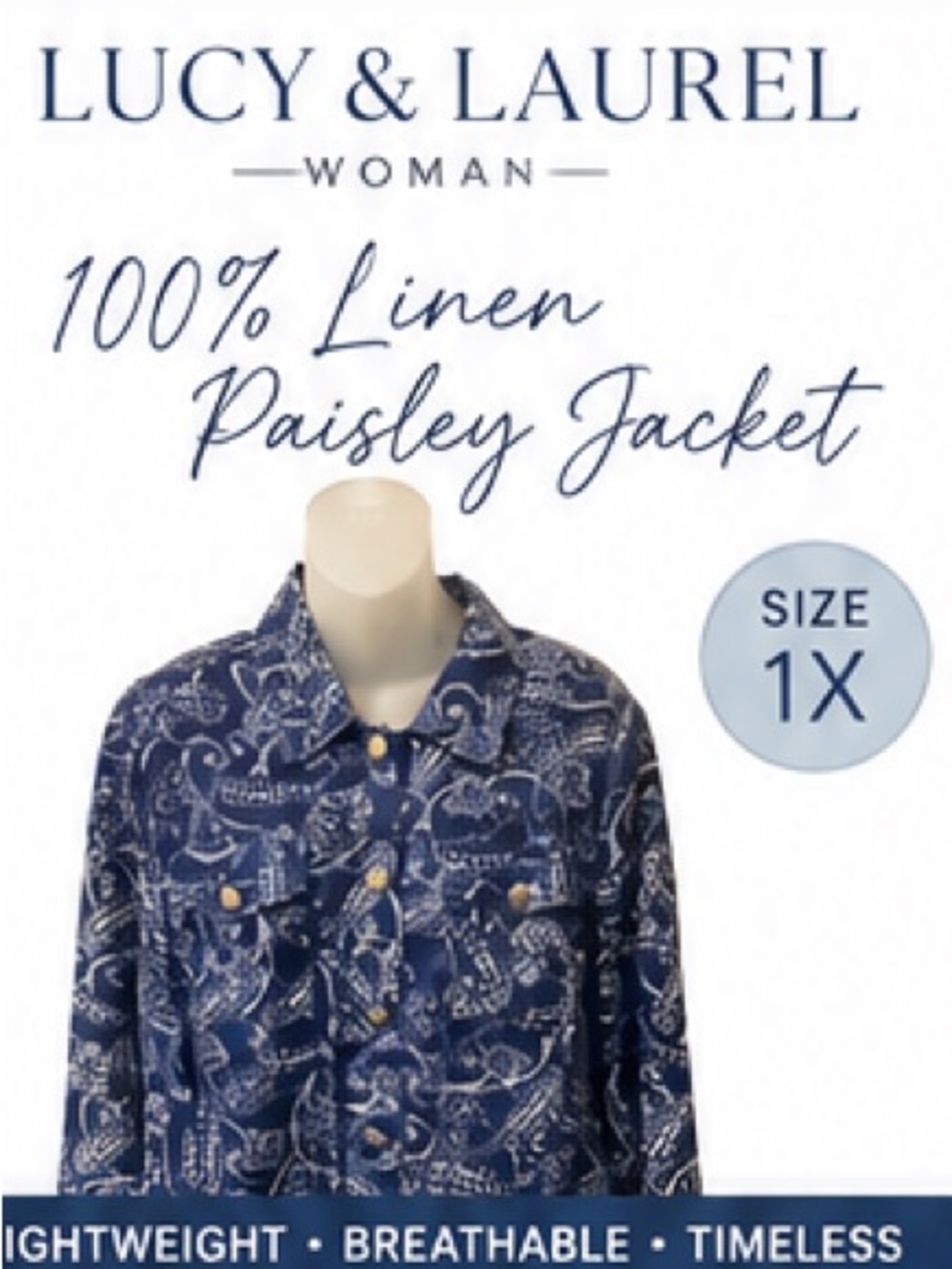 Lucy & Laurel 1X 100% Linen Paisley Blue Button Front Jacket Shacket Lightweight
